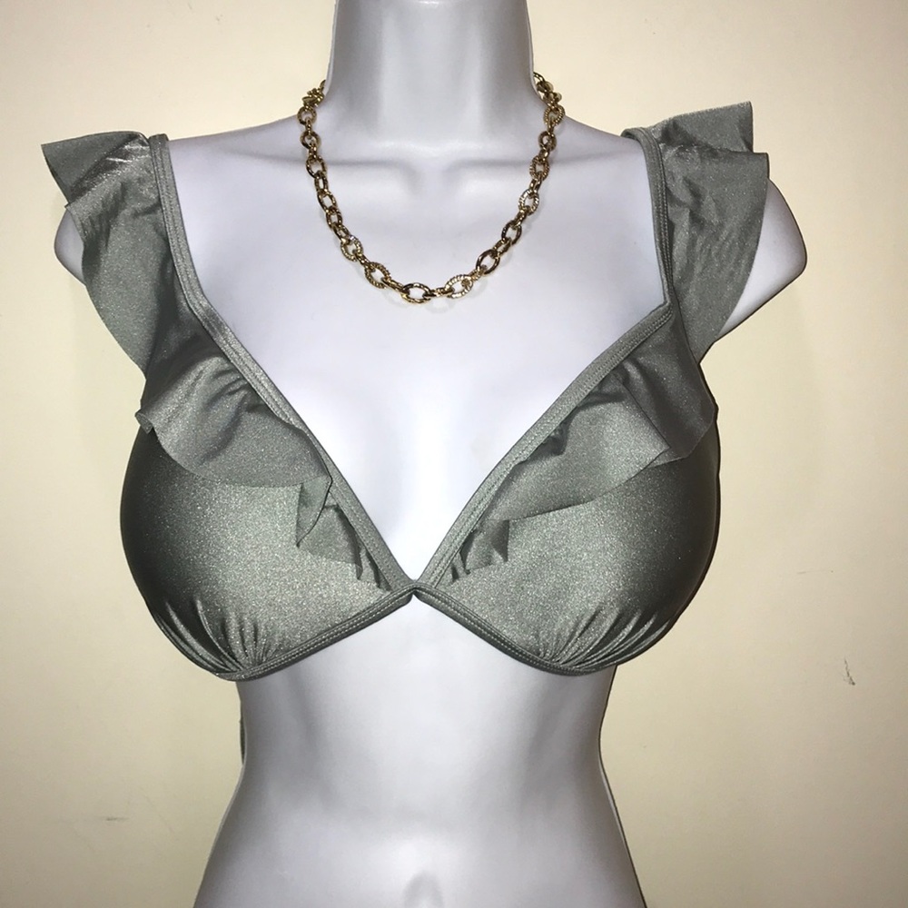 New bikini fringe top in khaki Green satin Xl